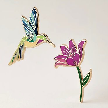 Hummingbird & Pink Lily Flower Gift Pin Set